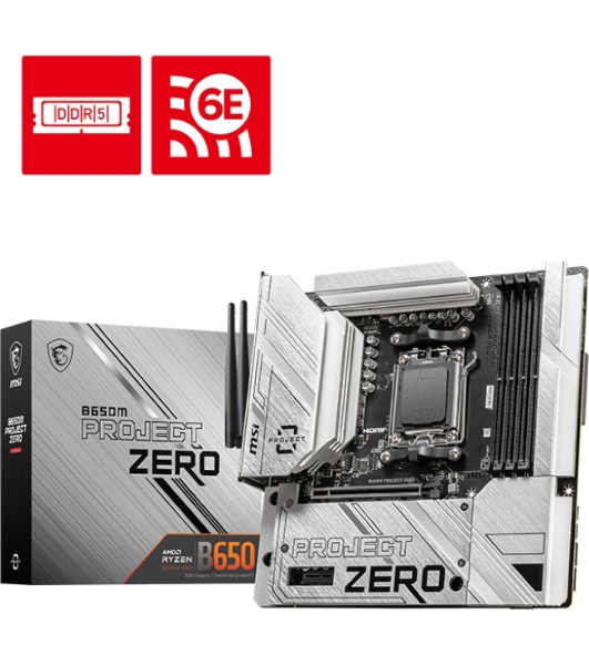 Материнская плата MSI B650M PROJECT ZERO, AM5, AMD B650, 4xDDR5, 4xSATA, 2xM.2, 1xPCIe 4.0 x16, 1xPCIe x1, 1xDP, 1xHDMI, 1x 2.5Gb LAN, 2xUSB-A 2.0, 2xUSB 3.2 Gen 1, 3xUSB 3.2 Gen 2, 3x3.5 мм, 7.1, mATX