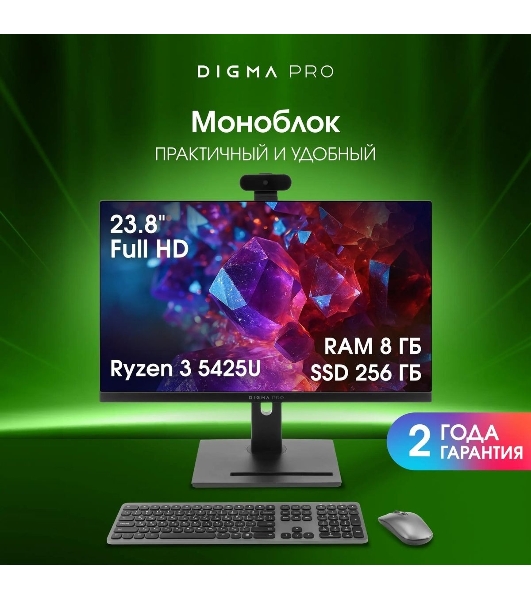 Моноблок Digma Pro Vision 23.8' Full HD Ryzen 3 5425U (2.7) 8Gb SSD 256Gb RGr CR Windows 11 Pro Eth WiFi BT 90W клавиатура мышь Cam черный 1920x1080