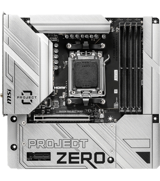 Материнская плата MSI B650M PROJECT ZERO, AM5, AMD B650, 4xDDR5, 4xSATA, 2xM.2, 1xPCIe 4.0 x16, 1xPCIe x1, 1xDP, 1xHDMI, 1x 2.5Gb LAN, 2xUSB-A 2.0, 2xUSB 3.2 Gen 1, 3xUSB 3.2 Gen 2, 3x3.5 мм, 7.1, mATX