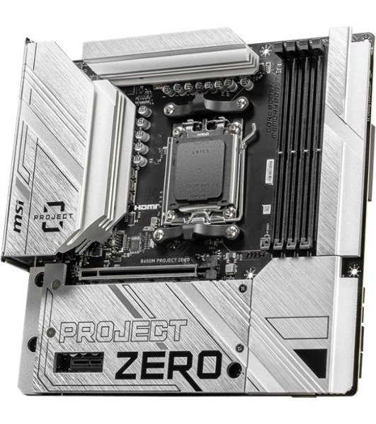 Материнская плата MSI B650M PROJECT ZERO, AM5, AMD B650, 4xDDR5, 4xSATA, 2xM.2, 1xPCIe 4.0 x16, 1xPCIe x1, 1xDP, 1xHDMI, 1x 2.5Gb LAN, 2xUSB-A 2.0, 2xUSB 3.2 Gen 1, 3xUSB 3.2 Gen 2, 3x3.5 мм, 7.1, mATX