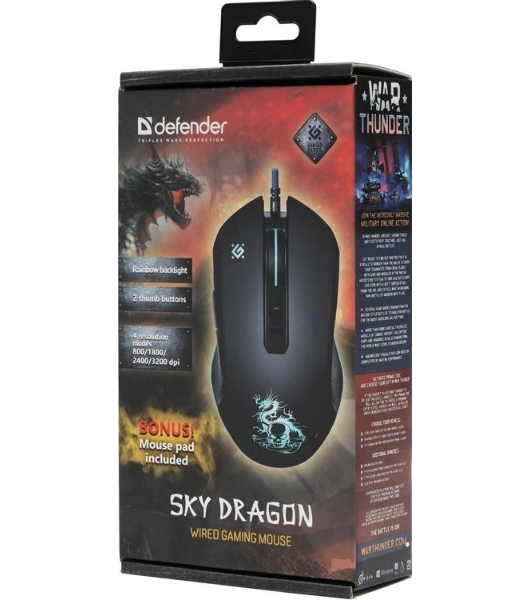 Мышь проводная Defender Sky Dragon GM-090L черный, 3200 dpi, USB, кнопки - 6