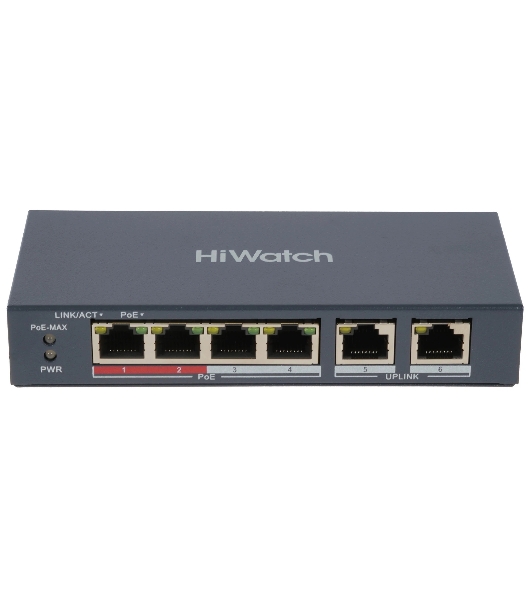 Коммутатор HiWatch DS-S604P, 4×100 Мбит/с PoE + 2×100 Мбит/с, неуправляемый