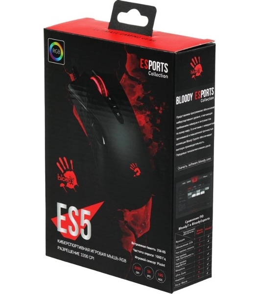 Мышь проводная A4Tech Bloody ES5 черный, 3200 dpi, USB Type-A, кнопки - 8