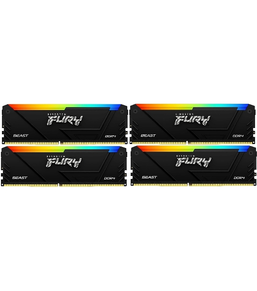 Оперативная память Kingston Fury Beast, DDR4, 64Gb (4x16Gb), 3200MHz, CL16, DIMM, с радиатором, RGB, черный