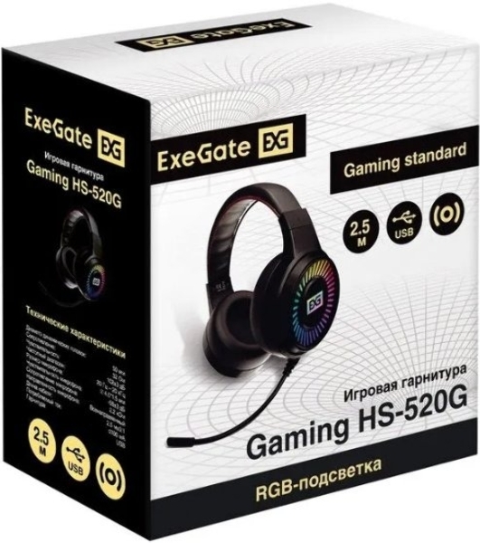 Гарнитура ExeGate Gaming HS-520G чёрный, проводная, 2 x mini jack 3.5 мм + USB, подсветка, регулятор громкости