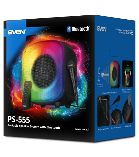 Портативная колонка SVEN PS-555, черный, 65 Вт (RMS), Bluetooth, USB, microSD, пульт