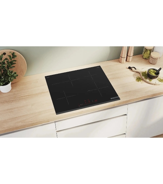 Индукционная варочная панель Bosch 6 series, 60 см, индукция, 1 зона расширения под гусятницу, скошенные края, Perfect fry plus, сенсорное управление, черный