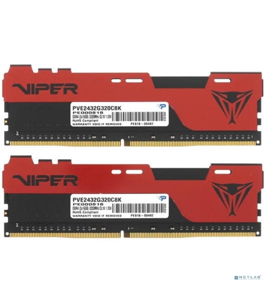 Оперативная память Patriot Viper Elite II, DDR4, 32GB (2x16 GB), 3200 MHz, CL18, DIMM, радиатор, красный, черный