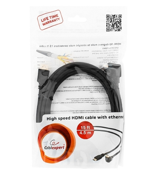 Кабель Cablexpert HDMI CC-HDMI490-15, 19M/19M, v2.0, медь, позол.разъемы, экран, угловой, 4.5м, черный, пакет