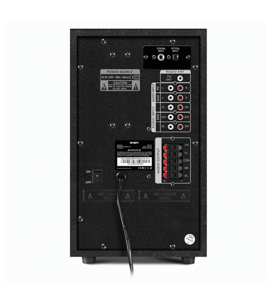 Аудиоколонки SVEN HT-210, черный, акустическая система 5.1, мощность (RMS):50Вт+5x15Вт, Bluetooth, Optical, Coaxial, FM-тюнер, USB/SD, дисплей, ПДУ