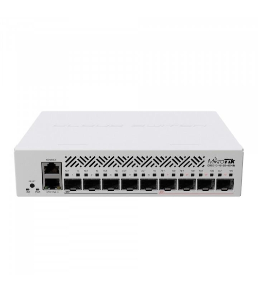 Коммутатор MikroTik Cloud Router Switch CRS310-1G-5S-4S+IN with 800 MHz CPU, 256 MB RAM, 4xSFP+, 5xSFP cages, 1xGbit LAN port, RouterOS L5, desktop case, rackmount ears, PSU