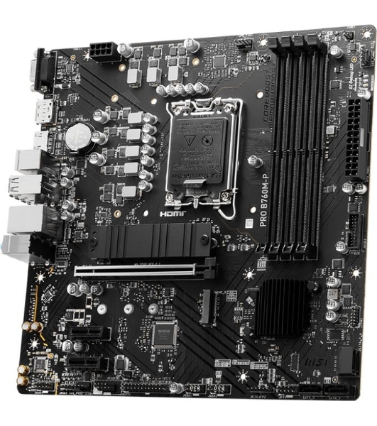 Материнская плата MSI PRO B760M-P DDR5, LGA 1700, Intel B760, 4xDDR5, 4xSATA, 2xM.2, 1xPCIe 4.0 x16, 2xPCIe 3.0 x1, 1xHDMI, 1xDP, 1xVGA, 1x1Gb LAN, 4xUSB-A 2.0, 1xUSB-A 3.2 Gen 1, 1xUSB-C 3.2 Gen 2, 3x3.5 мм, 7.1, mATX