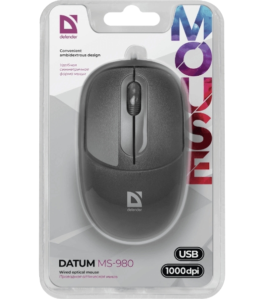 Мышь проводная Defender Datum MS-980 черный, 1000 dpi, USB, кнопки - 3