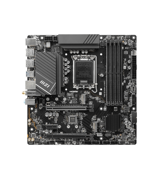 Материнская плата MSI PRO B760M-A WIFI, LGA 1700, Intel B760, 4xDDR5, 4xSATA, 2xM.2, 1xPCI-E 4.0 x16, 1xPCI-E 4.0 x4, 2xHDMI, 2xDP, 1x2.5Gb LAN, 2xUSB-A 2.0, 2xUSB 3.2 Gen 1, 2xUSB 3.2 Gen 2, 3x3.5 мм, 7.1, Micro-ATX
