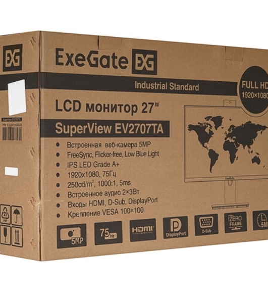 Монитор 27' ExeGate SuperView EH2700TA IPS 1920x1080, 100 Гц, 4 мс, 16:9, 250 кд/м², HDMI 2.0, DP, 3.5 Jack, динамики, HDR10, FreeSync, черный
