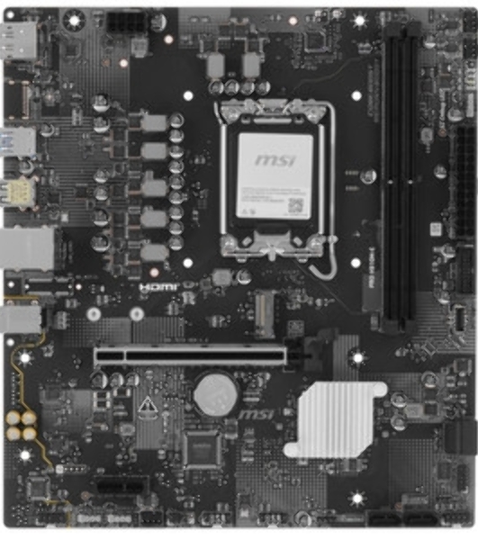 Материнская плата MSI PRO H810M-E, LGA 1851, Intel H810, 2xDDR5 (до 128 ГБ), 4xSATA, 1xM.2 (PCIe 4.0 x4), 1xPCIe 5.0 x16, 1xPCIe x1, 1xHDMI, 1xDP, 1x2.5Gb LAN, 2xUSB-A 5Gbps, 4xUSB-A 2.0, 3x3.5 мм, 7.1, чёрный, mATX