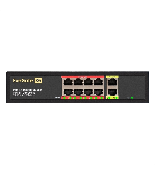 Коммутатор ExeGate EDES-1010D.8PoE-96W, 8×100 Мбит/с PoE + 2×100 Мбит/с, неуправляемый