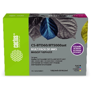 Чернила Cactus CS-BTD60/BT5000SET (3х48 мл и 1х108 мл) голубой/пурпурный/желтый/черный набор 4x252мл для Brother HL-T4000DW, DCP-T510W, DCP-T710W, MFC-T810W, MFC-T910DW, MFC-T4500DW, DCP-T420W, DCP-T520W, DCP-T720DW, DCP-T820DW, MFC-T920DW