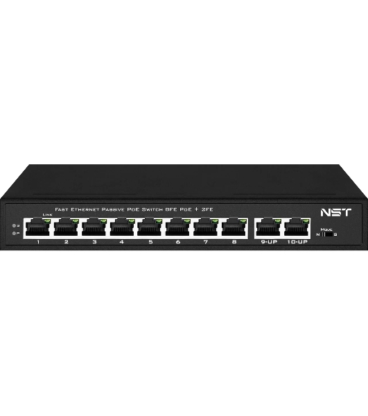 Kоммутатор Passive PoE NST NS-SW-8F2F-P/A - Fast Ethernet на 10 портов. Порты: 8 х FE (10/100 Base-T, 52V 4,5(+) 7,8(–)) совместимы с PoE (IEEE 802.3af/at), 2 x FE (10/100 Base-T) Uplink. Мощность PoE на порт - до 30W.