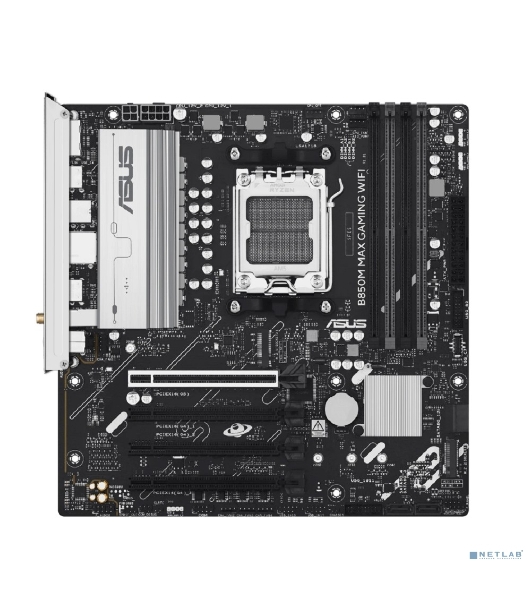 Материнская плата ASUS B850M MAX GAMING WIFI, AM5, AMD B850, 4xDDR5, 4xSATA, 3xM.2, 1xPCIe 5.0 x16, 1xPCIe 4.0 x4, 1xPCIe 3.0 x1, 1xDP, 1xHDMI, 1x1Gb LAN, Wi-Fi 6, Bluetooth 5.4, 1xUSB-C 10Gbps, 2xUSB-A 10Gbps, 2xUSB-A 5Gbps, 5xUSB-A 2.0, 3x3.5 мм, 7.1, mATX