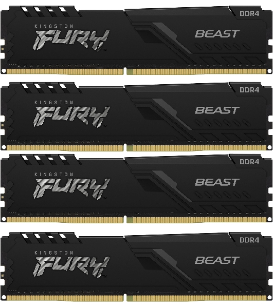 Оперативная память Kingston Fury Beast, DDR4, 64GB (4x16GB), 3200MHz, CL16, DIMM, радиатор, черный