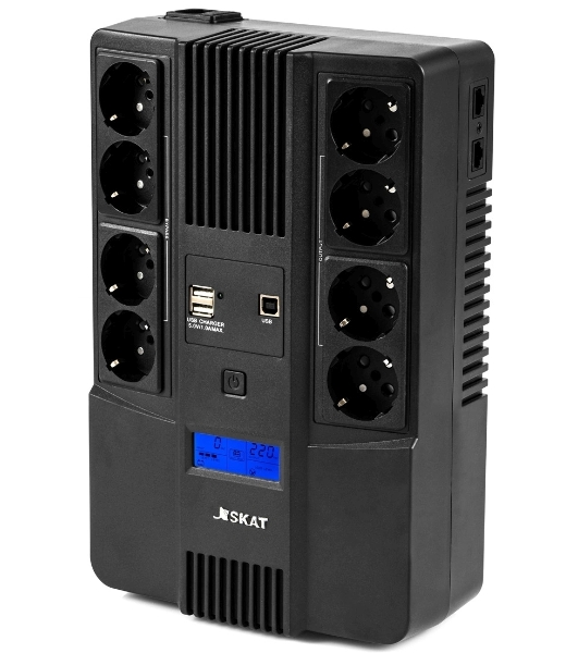 Источник бесперебойного питания Бастион SKAT-UPS 800-AID-IN-1x9-8 ИБП 220В 480Вт, LCD, АКБ 1x 9А·ч, line interactive, мод.синус, 8хSchuko,2xUS (8933)