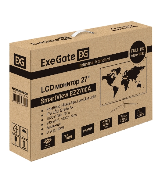 Монитор 27' ExeGate SmartView EZ2700A IPS 1920x1080, 75 Гц, 5 мс, 16:9, 250 кд/м2, 1xHDMI, 1xVGA, 1x3.5 мм, черный