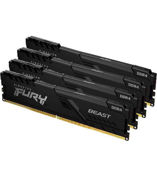 Оперативная память Kingston Fury Beast, DDR4, 64GB (4x16GB), 3200MHz, CL16, DIMM, радиатор, черный