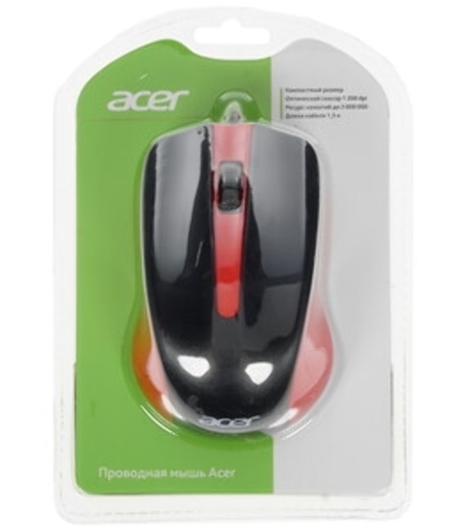 Мышь проводная Acer OMW012 черный/красный, 1200 dpi, USB, кнопки - 3