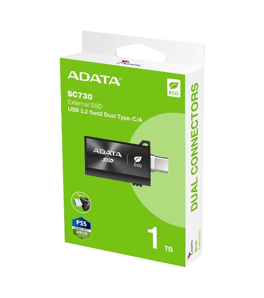 Внешний SSD ADATA SC730, 1TB, USB 3.2 Gen 2 Type-A/Type-C, R/W 600/600, черный
