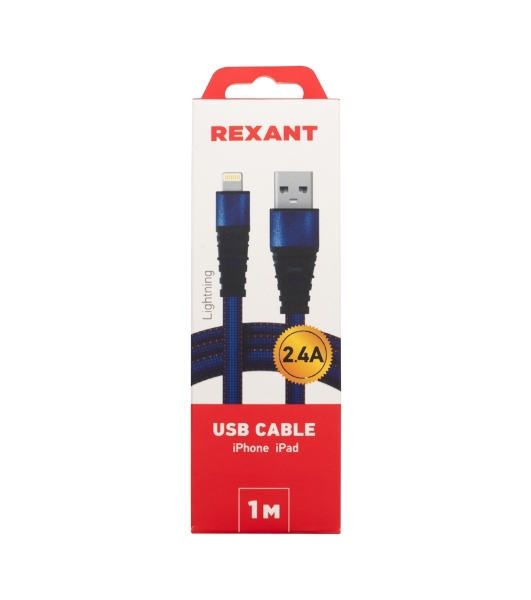 Кабель Rexant USB-Lightning 2.4 A, 1 м, синяя нейлоновая оплетка