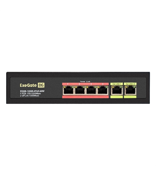 Коммутатор ExeGate EDGS-1006D.4PoE-65W, 4×1 Гбит/с PoE + 2×1 Гбит/с, неуправляемый
