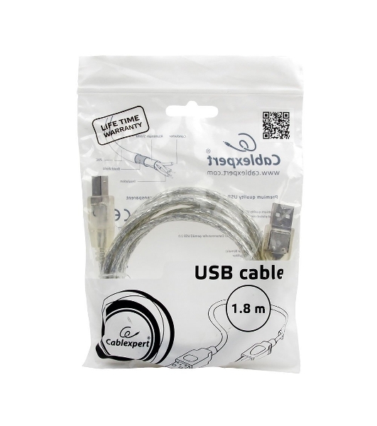Кабель USB2.0 Pro Cablexpert CCF-USB2-AMBM-TR-6, AM/BM, 1,8м, экран, феррит.кольца, прозрачный, пакет