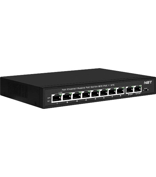 Kоммутатор Passive PoE NST NS-SW-8F2F-P/A - Fast Ethernet на 10 портов. Порты: 8 х FE (10/100 Base-T, 52V 4,5(+) 7,8(–)) совместимы с PoE (IEEE 802.3af/at), 2 x FE (10/100 Base-T) Uplink. Мощность PoE на порт - до 30W.