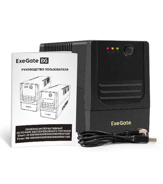 Источник бесперебойного питания ExeGate Power NB-500.LED.AVR.2SH.USB (500VA/300W, LED, AVR, 2*Schuko, USB, батарея 12V 4.5Ah, Black)