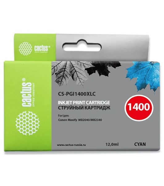 Картридж струйный Cactus CS-PGI1400XLC голубой пигментный (12 мл) для Canon MB2050/MB2350/MB2040/MB2340