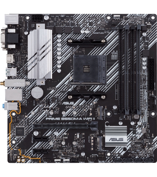 Материнская плата ASUS PRIME B550M-A WIFI II, AM4, AMD B550, 4xDDR4, 4xSATA, 2xM.2, 1xPCI-E 4.0 x16, 2xPCI-E x1, 1xDVI-D, 1xHDMI, 1xVGA, 1x 1Gb LAN, 2xUSB-A 3.2 Gen 2, 4xUSB-A 3.2 Gen 1, 3x3.5 мм, 7.1, Micro-ATX