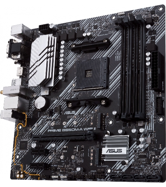Материнская плата ASUS PRIME B550M-A WIFI II, AM4, AMD B550, 4xDDR4, 4xSATA, 2xM.2, 1xPCI-E 4.0 x16, 2xPCI-E x1, 1xDVI-D, 1xHDMI, 1xVGA, 1x 1Gb LAN, 2xUSB-A 3.2 Gen 2, 4xUSB-A 3.2 Gen 1, 3x3.5 мм, 7.1, Micro-ATX