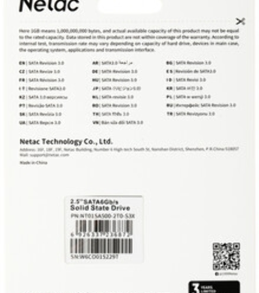 Накопитель SSD Netac SA500, 2Tb, SATA III, 2.5', R/W 530/475