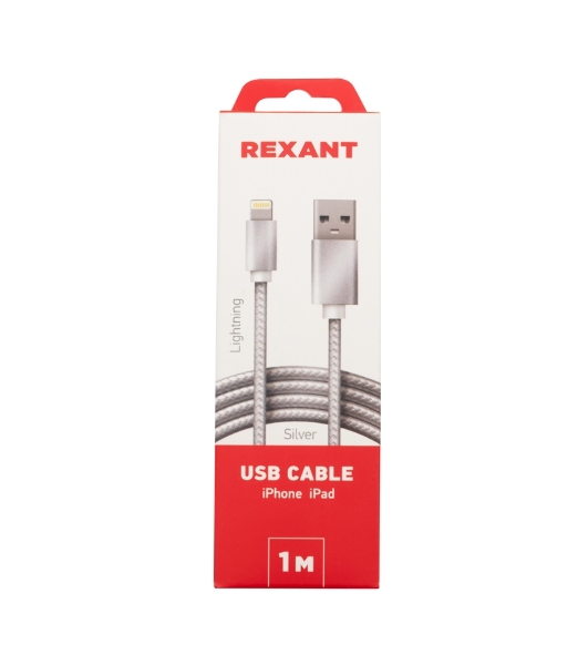 Кабель Rexant USB-Lightning 1 м, серебристая нейлоновая оплетка