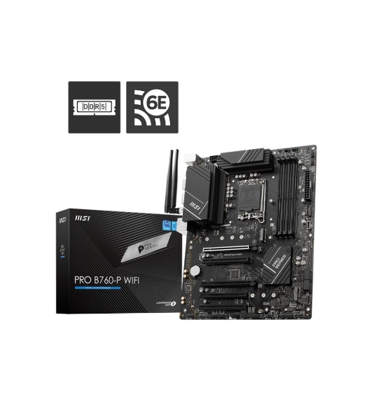 Материнская плата MSI PRO B760-P WIFI DDR4, LGA 1700, Intel B760, 4xDDR4, 4xSATA, 2xM.2, 1xPCIe 4.0 x16, 1xPCIe 4.0 x4, 3xPCIe 3.0 x1, 1xHDMI, 1xDP, 1xRJ45 2.5Gb, Wi-Fi 6E, Bluetooth 5.3, 1xUSB-C 3.2 Gen 2, 2xUSB-A 3.2 Gen 2, 4xUSB-A 2.0, 5x3.5мм, TOSLINK, 7.1, Standard-ATX