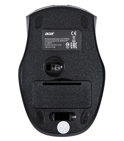 Мышь беспроводная Acer OMR030 черный, 1600 dpi, радиоканал, USB, кнопки - 4
