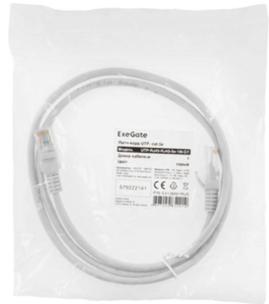 Патч-корд ExeGate EX286381RUS UTP-RJ45-RJ45-5e-1M-LSZH-GY, UTP, cat.5e, LSZH, 1м, серый