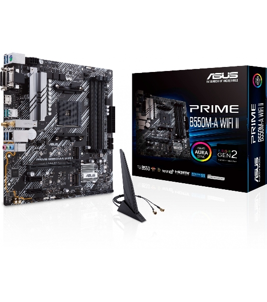 Материнская плата ASUS PRIME B550M-A WIFI II, AM4, AMD B550, 4xDDR4, 4xSATA, 2xM.2, 1xPCI-E 4.0 x16, 2xPCI-E x1, 1xDVI-D, 1xHDMI, 1xVGA, 1x 1Gb LAN, 2xUSB-A 3.2 Gen 2, 4xUSB-A 3.2 Gen 1, 3x3.5 мм, 7.1, Micro-ATX