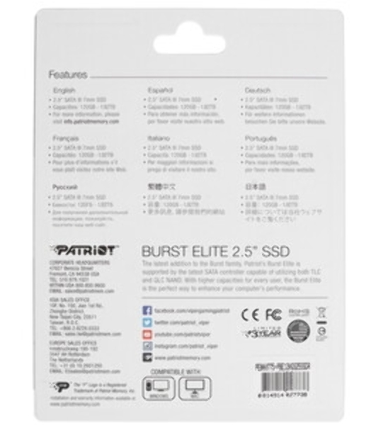 Накопитель SSD Patriot Burst Elite, 120Gb, SATA, 2.5', R/W 450/320