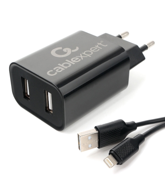 Сетевое зарядное устройство Cablexpert MP3A-PC-36 USB 2 порта, 2.4A, черный + кабель 1м lightning