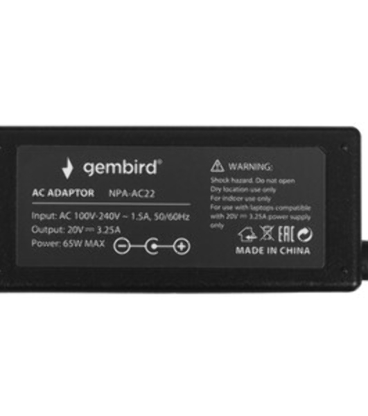 Блок питания Gembird для ноутбуков Lenovo 20В/3,25А, 65Вт, 1 штекер 4.0х1,7мм (NPA-AC22)