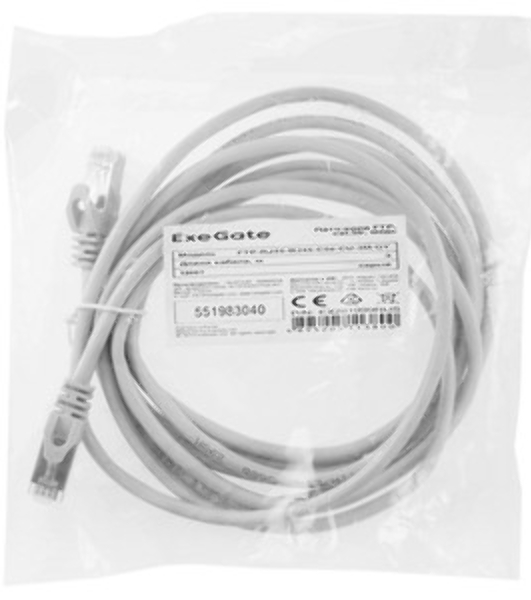 Патч-корд ExeGate FTP-RJ45-RJ45-C5e-CU-3M-GY, FTP, cat.5e, 3м, медь, серый