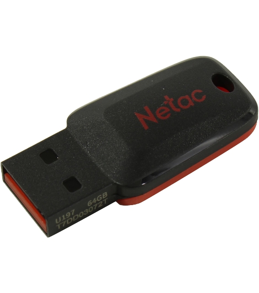Флешка USB Netac U197 (NT03U197N-064G-20BK), 64Gb, USB 2.0, R/W 25/10, черный/красный