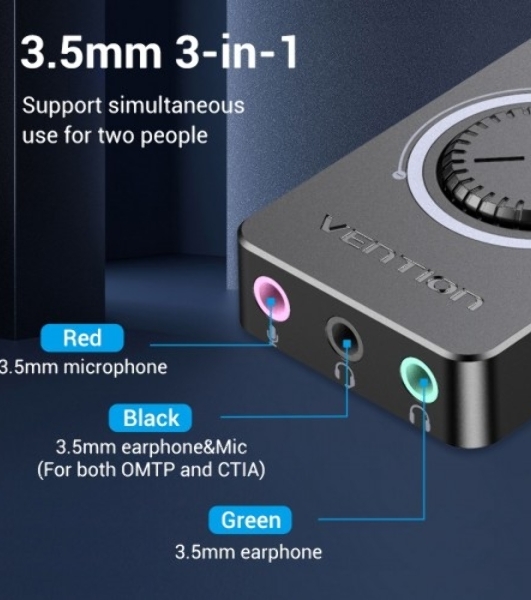 Внешняя звуковая карта Vention USB c регулятором громкости Черная